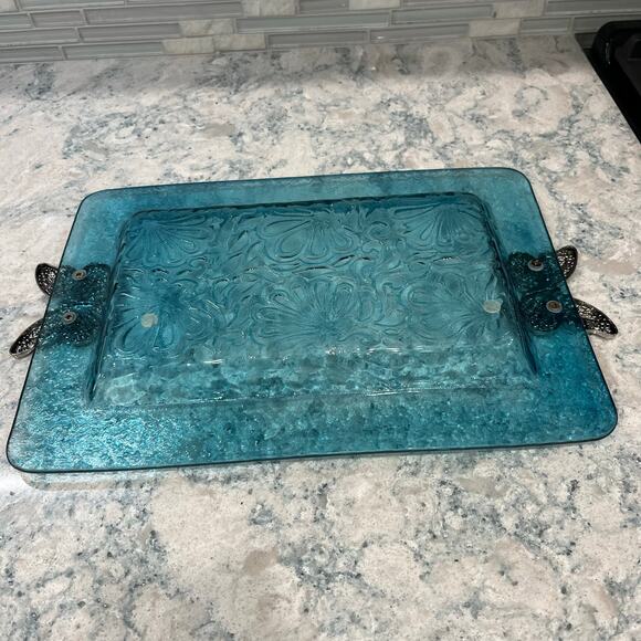 Ocean Blue Embossed Glass With Pewter Butterfly Handles Serving Tray - Picture 5 of 5